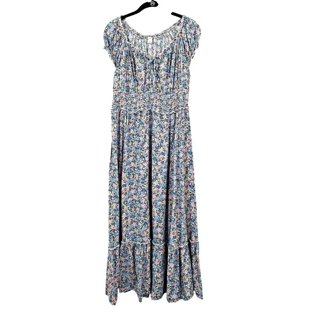 Old Navy Floral Smocked Midi Dress Size Large Milkmaid Peasant Cottagecore Ditzy - Picture 3 of 12